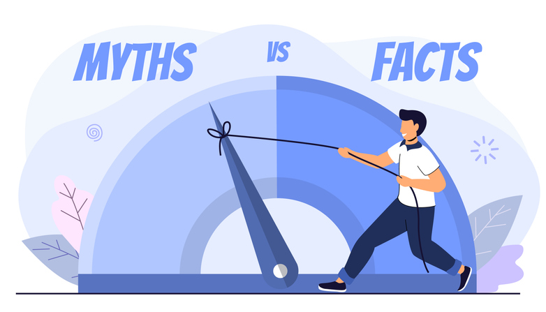 Myths vs facts Vector illustration on white background Thin line speech bubbles with facts and myths